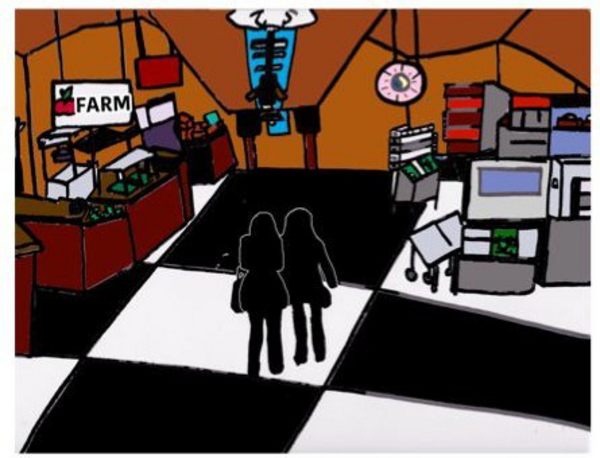 drawing of two silhouettes walking across a checked floor toward a stall labeled 'farm'