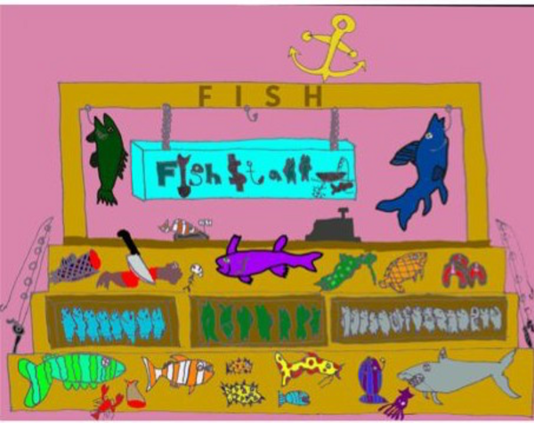 drawing of various multi-colored fish laid out on a stall with a knife 