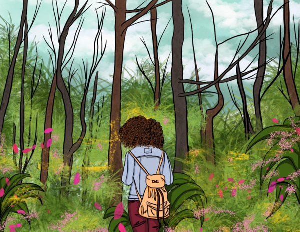 drawing of a woman with a backpack on walking through a leafless forrest with tall grass and flowers