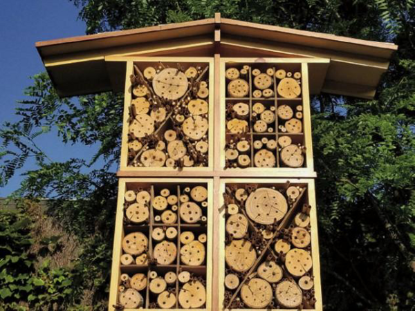wooden box with pieces of wood that have holes in them for wild nesting bees