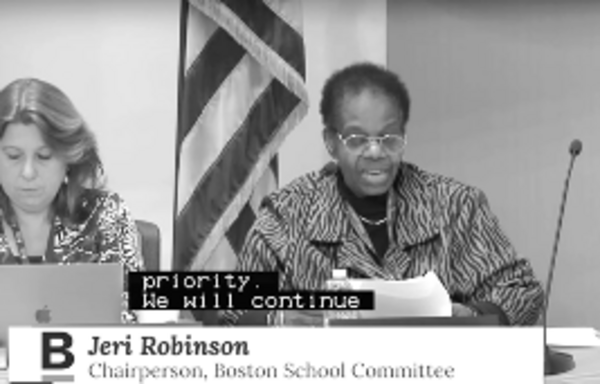 A black and white image of Jeri Robinson representing the Boston School Committee