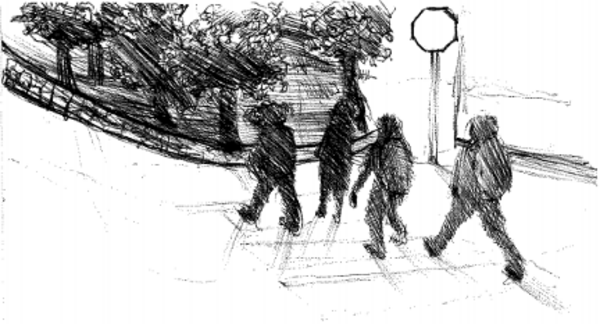 a pencil drawing of students walking to school