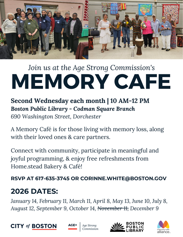 A flyer displaying details for Age Strong's Codman Square Memory Cafe. The top of the page displays cafe visitors posing for a photo.