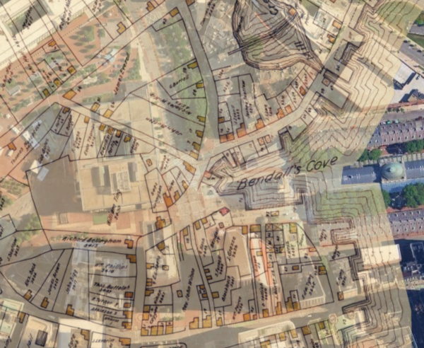 A current aerial photo of downtown Boston and City Hall overlaid with a transparency of a map of Boston in 1648.