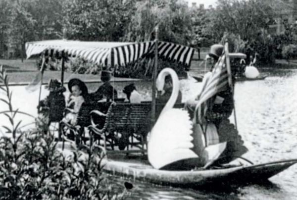 1877 photograph of the Boston Swan Boats. 