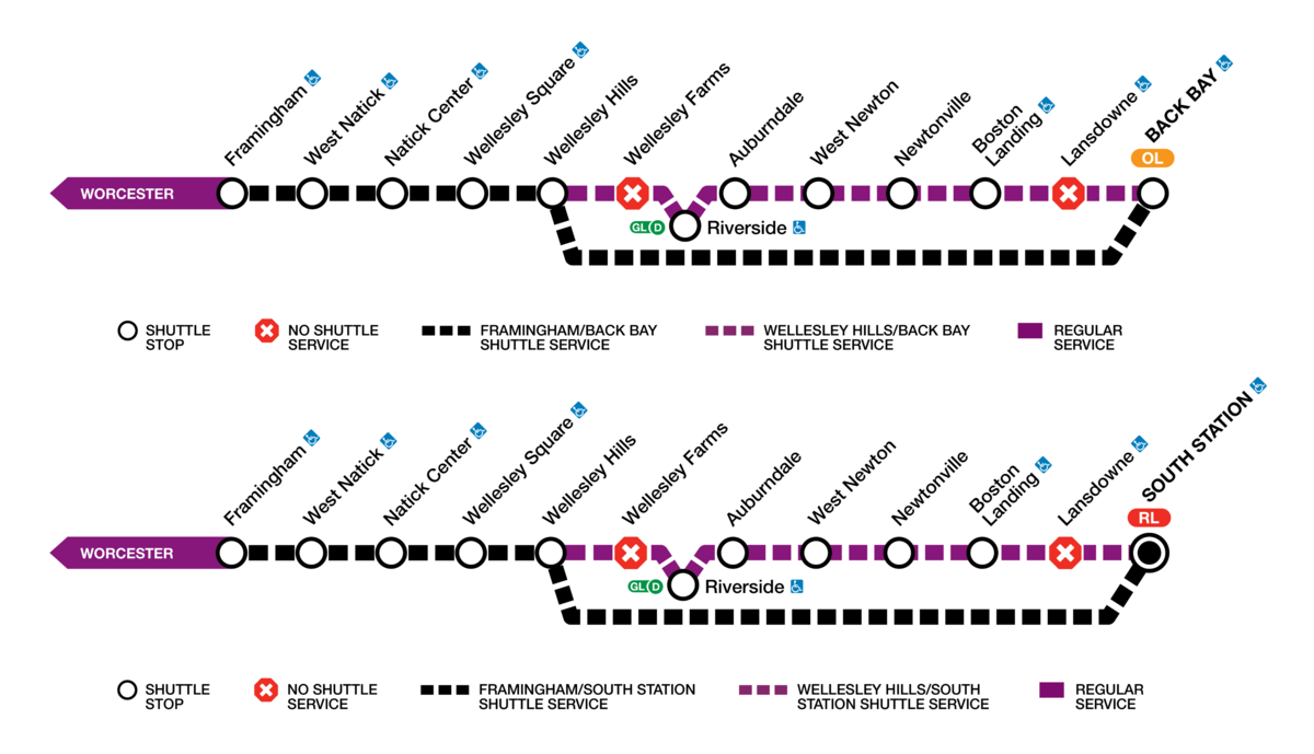 From Sat, Oct 17 through Sun, Oct 18, Framingham/Worcester Line service between Framingham and Boston will be replaced by shuttle bus to accommodate track improvement work. There will be multiple shuttle options with either South Station or Back Bay as an origin and destination. Express shuttles will make all stops between Framingham and Wellesley Hills and then travel express directly to Back Bay or South Station. Local buses will operate between Wellesley Hills and either Back Bay or South Station and mak
