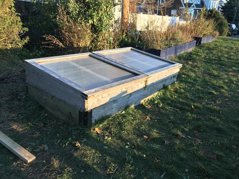 Cold frames cover the beds and act as a greenhouse, so that plants may still thrive and grow even in the cold.