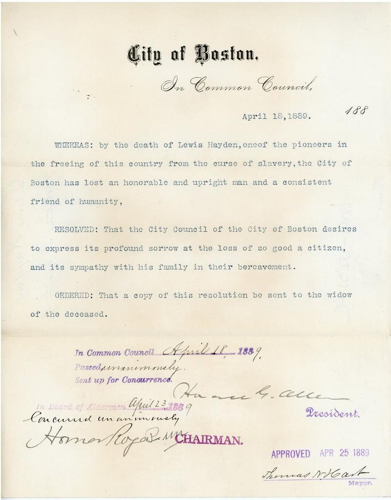 Resolution Honoring Lewis Hayden, 1889, City Council Proceedings, Boston City Archives