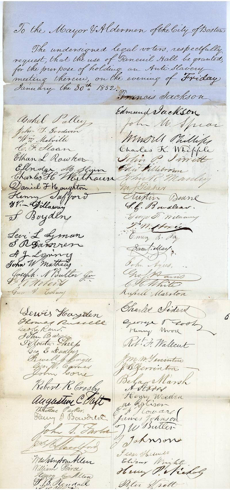 Anti-Slavery meeting petition, Docket 1852-0112-A,  Proceedings of the City Council, 1852, Collection 0100.001, Boston City Archives 