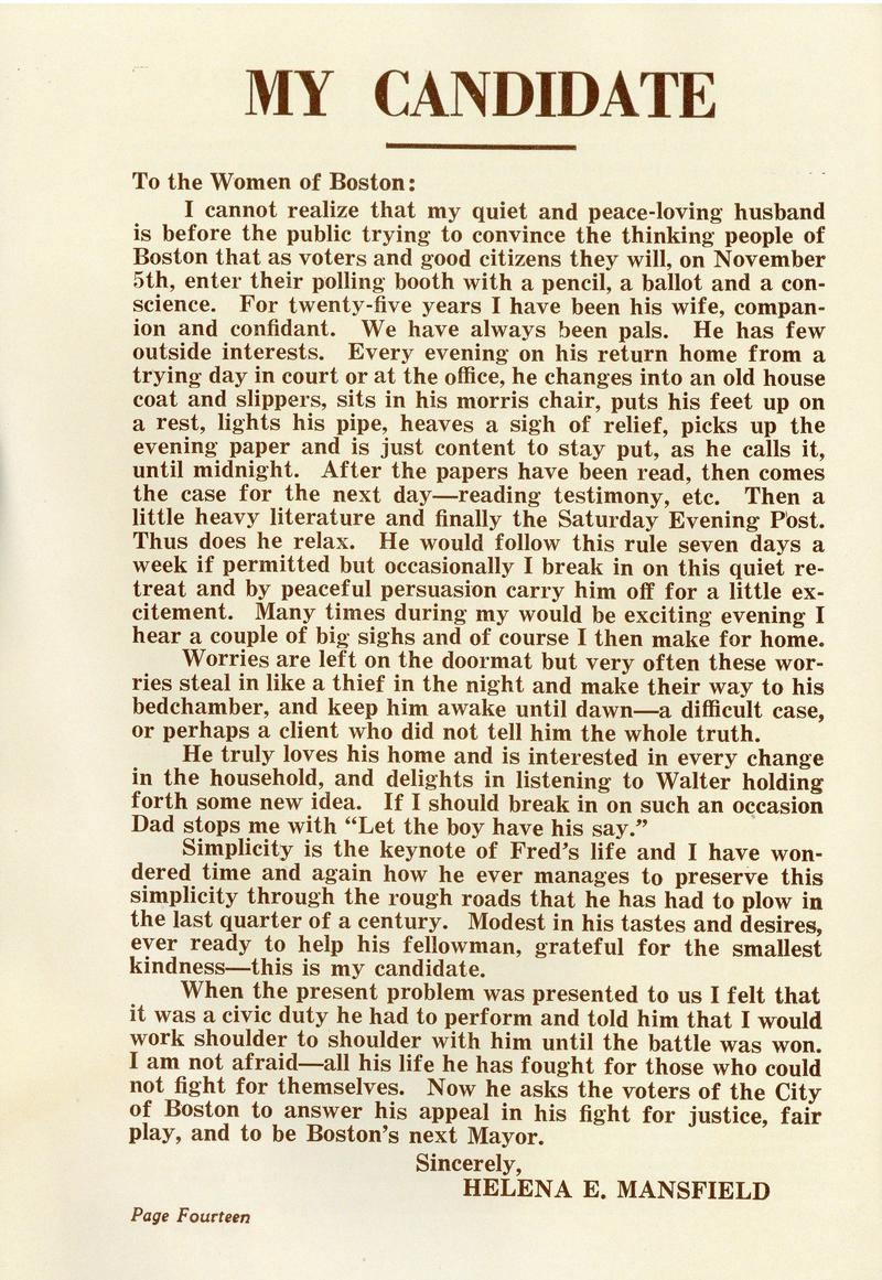 Frederick Mansfield Campaign pamphlet, 1929, Box 1, Folder 5, Political ephemera 9800.006, Boston City Archives 