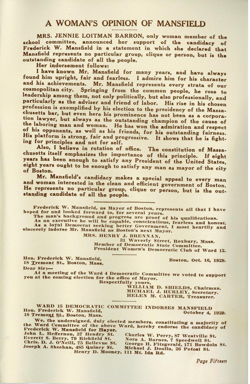 ​ Frederick Mansfield campaign pamphlet, 1929, Box 1, Folder 5, Political ephemera 9800.006, Boston City Archives 