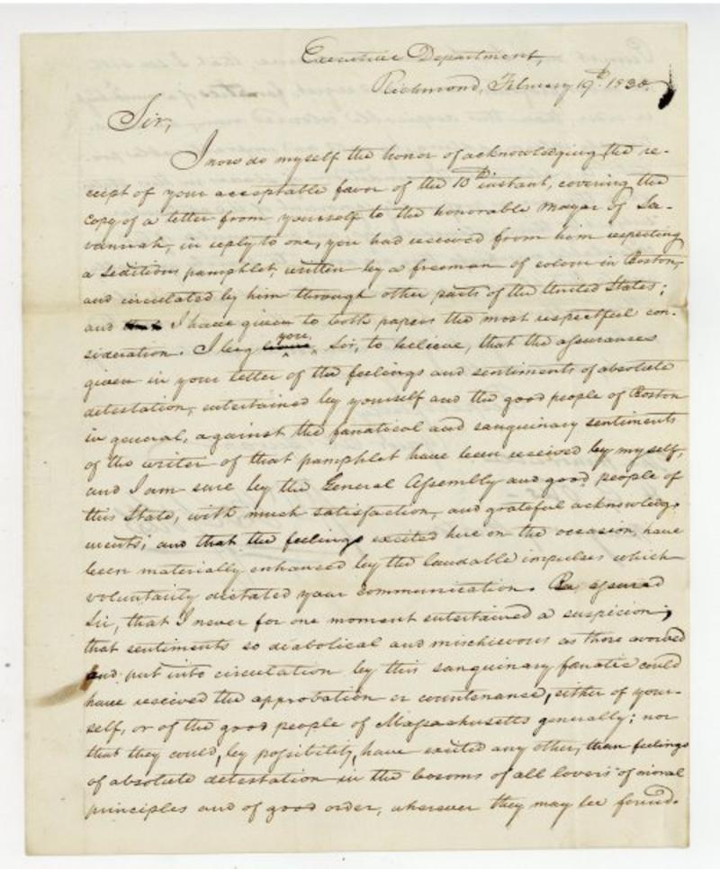 Letter from Governor Giles of Virginia to Mayor Harrison Otis of Boston, Docket 1830-0045-D, City Council Proceedings, Boston City Archives