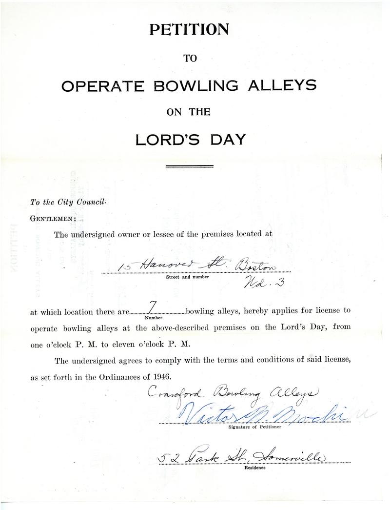 Petition to Operate Bowling Alleys on the Lord’s Day, 1947, Collection 0100.001, Boston City Archives
