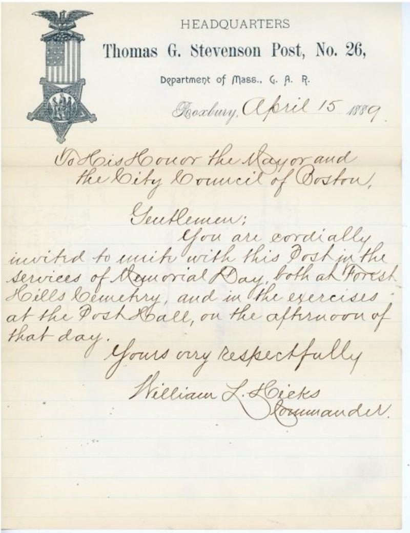 Correspondence regarding Memorial Day, 1889
