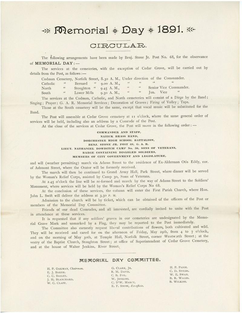 Memorial Day program, 1891, City Council Committee records, (Collection 0140.001)