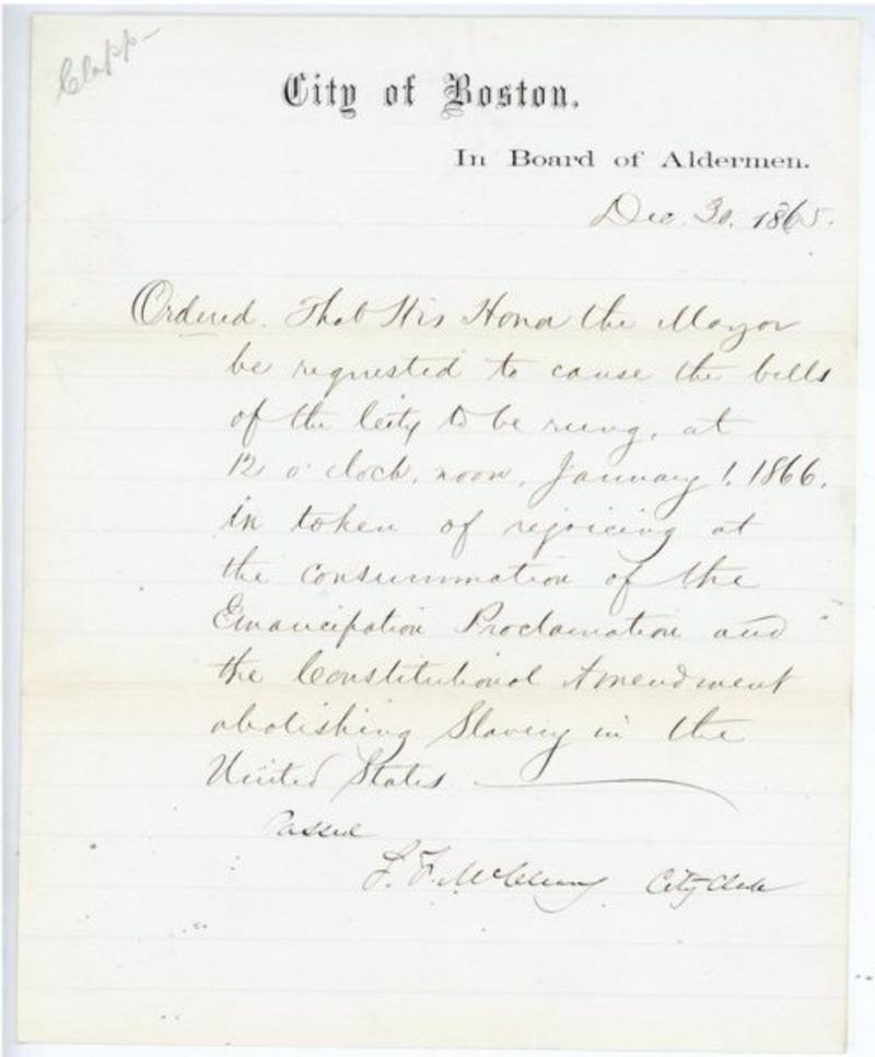 Order to ring bells in celebration of emancipation, 1865 December 30, Docket 1865-020-I, Proceedings of the City Council, Collection 0100.001