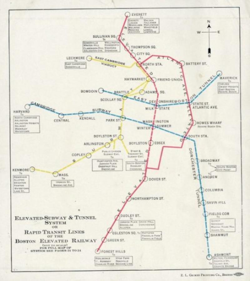 Map of the Rapid Transit Lines of the Boston Elevated Railway, 1930, Boston Tercentenary Committee records , Collection 0200.002, Boston City Archives