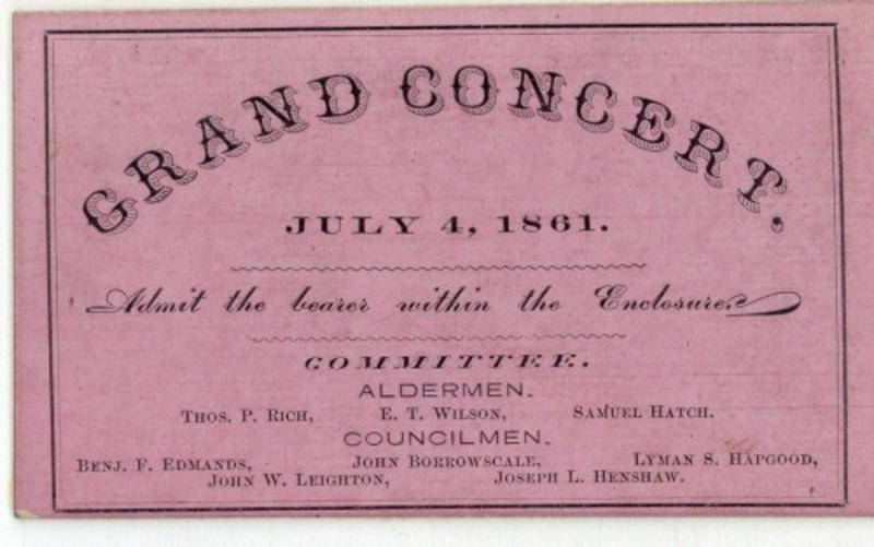 July 4 Grand Concert ticket, 1861, City Council Committee on Celebrations, Collection 0140.013, Boston City Archives, Boston