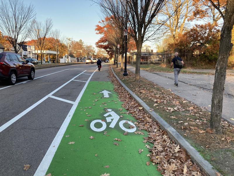 A green bike lane extends forward from view, with a car traveling to the left in a travel lane. Trees line the street to the right, and a person is walking on the sidewalk.