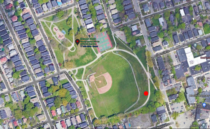 Aerial view of Ronan Park. The red dot represents the location of the Mary L. Pierce Well.