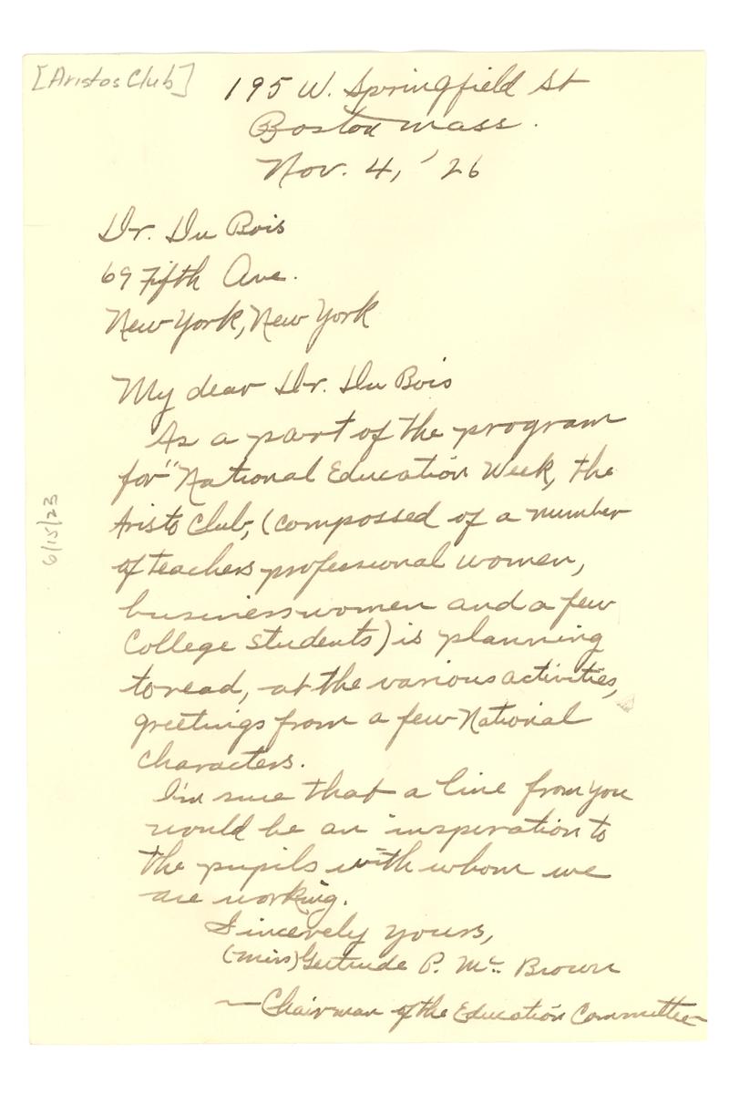 Letter from Aristo Club to W.E.B. Du Bois, 1926, . W. E. B. Du Bois Papers (MS 312). Special Collections and University Archives, University of Massachusetts Amherst Libraries