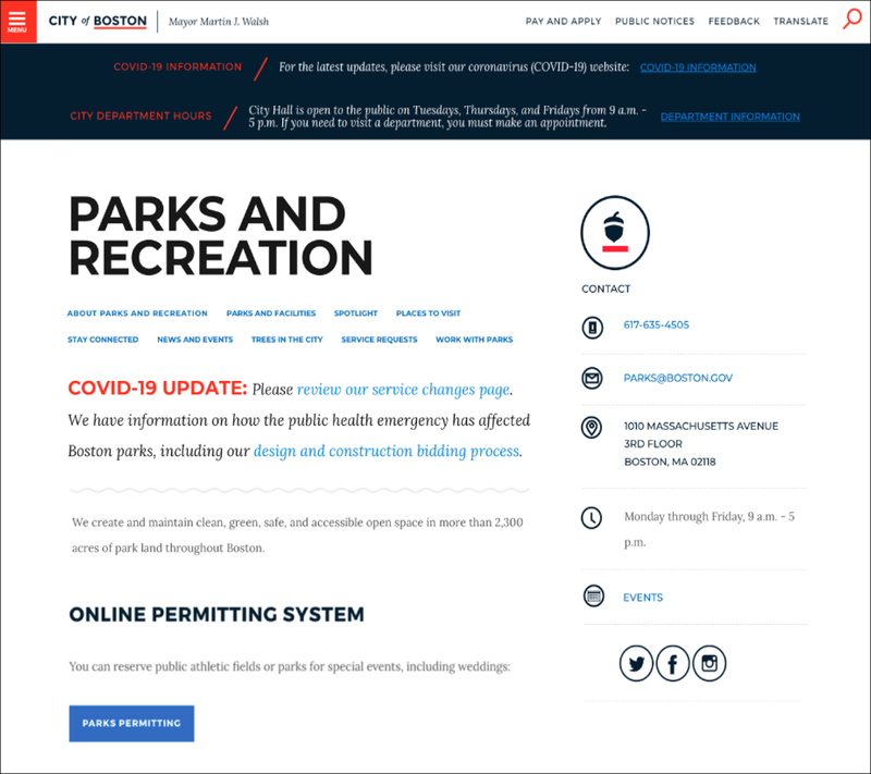 A screenshot of the Parks and Recreation Department homepage