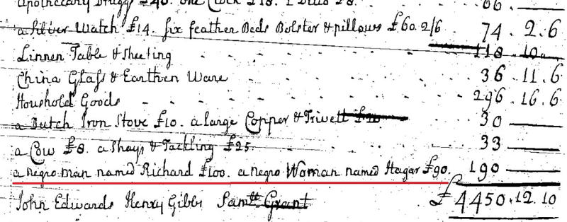 will inventory showing two enslaved people named Richard and Hagar 