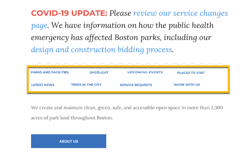 A redesigned layout of the links on the Parks Department homepage.