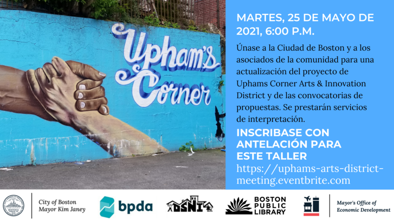 Upham's Corner community meeting flyer in Spanish