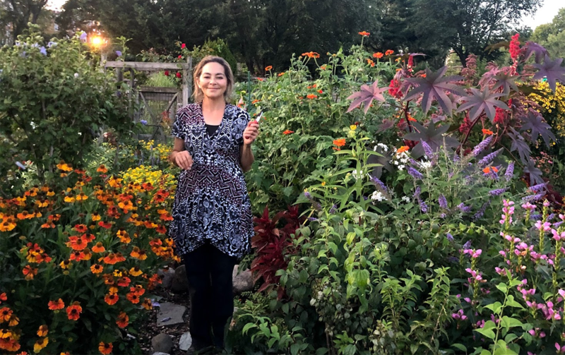Marie Fukuda tends her plot in the Fenway Victory Gardens.