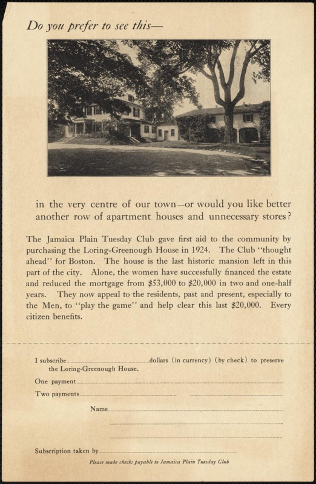 “Do you prefer to see this?” flyer, 1926-1927, Jamaica Plain Tuesday Club/Loring-Greenough House
