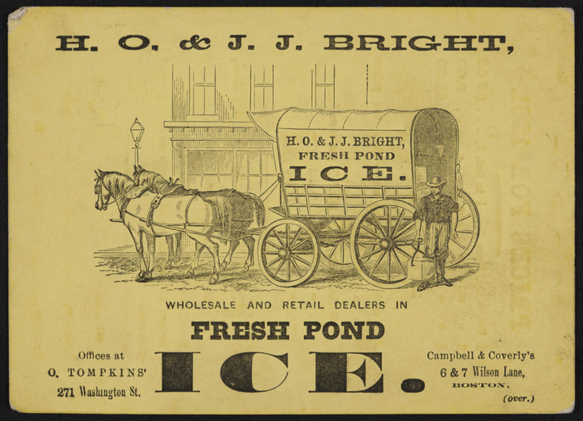 Trade card for Fresh Pond Ice, H.O. & J.J. Bright wholesale and retail dealers, offices at O. Tompkins', 271 Washington Street and Campbell & Coverly's, 6 & 7 Wilson Lane, Boston, Mass., 1861