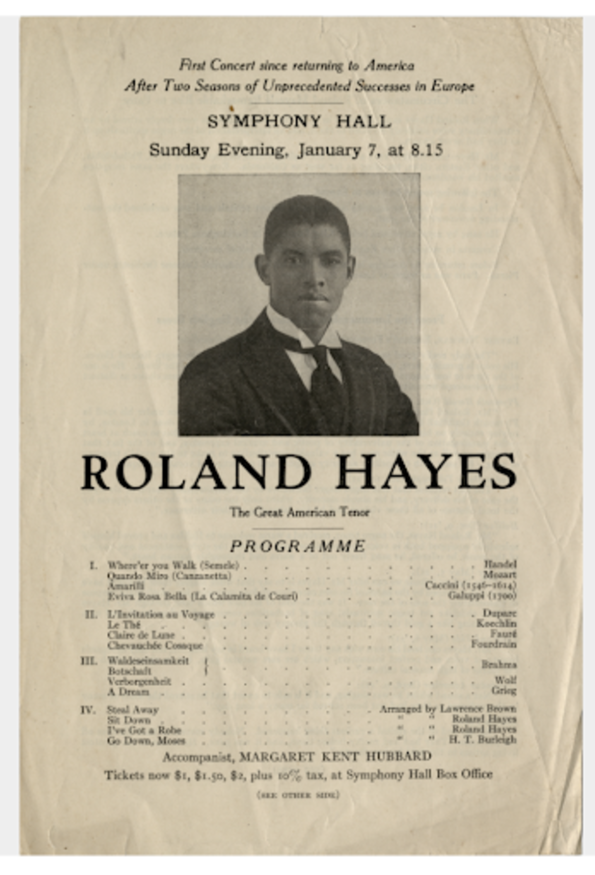 Roland Hayes concert program, Symphony Hall, Boston, MA., January 7, 1923, Detroit Public Library