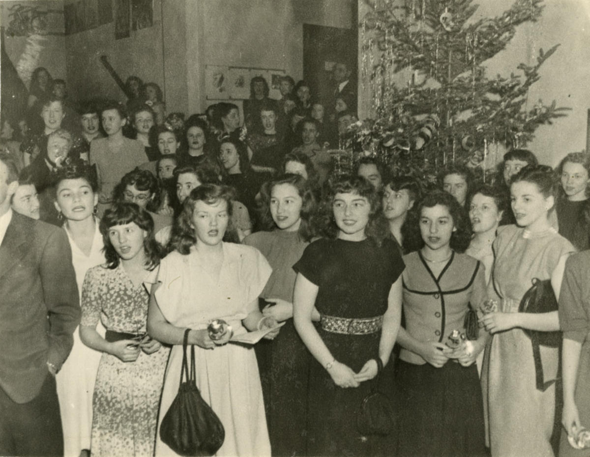 Christmas caroling, 1950, MassArt Archives