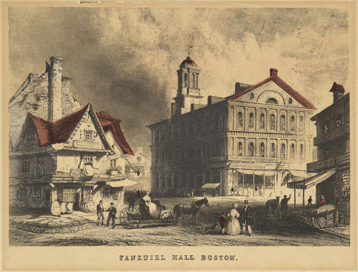A print from 1840 showing Faneuil Hall and the Old Feather Store. A woman in a horse-pulled carriage sits out front along with a family and other people in the foreground.