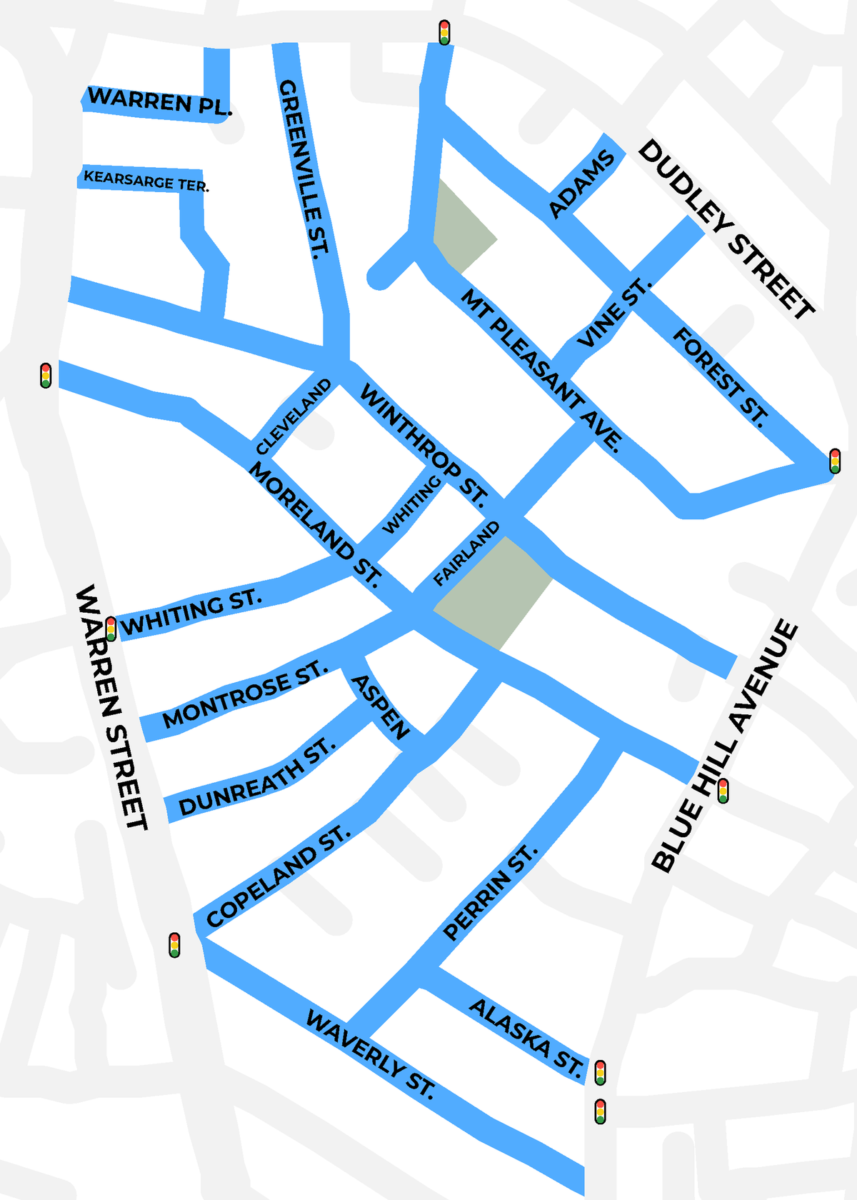 Map of Moreland Neighborhood Slow Streets zone  with streets included in the project shown in blue