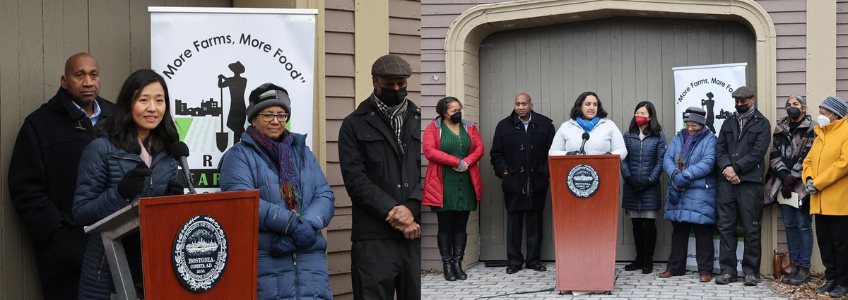 GrowBoston Director Shani Fletcher addresses the gathered crowd at Mayor Wu's press conference about her food justice initiatives at the historic Fowler Clark Farm in Mattapan.