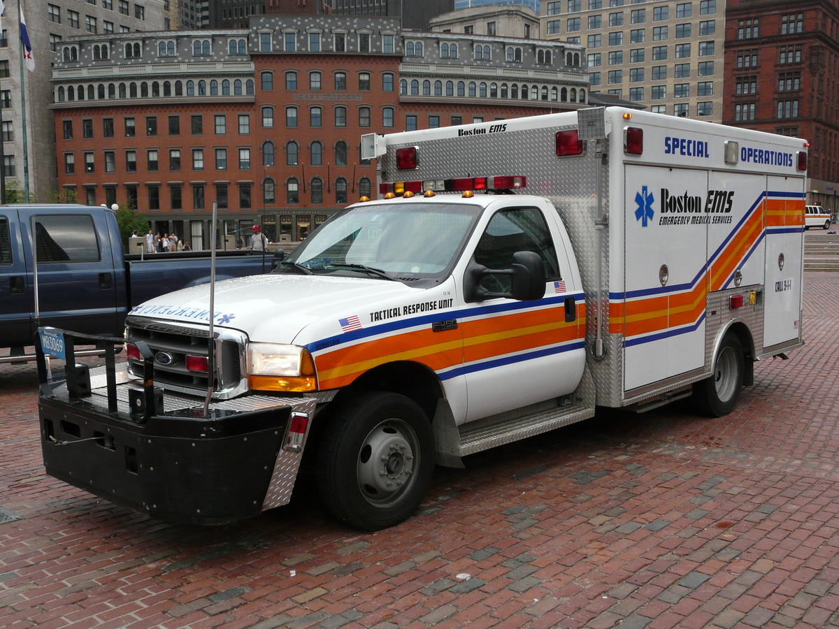Boston EMS ambulance sitting on City Hall Plaza