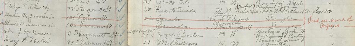 Excerpt from Ward 13 of the General Register of Women Voters showing two registrants whose entries were voided as there was no record of their identifying papers, 1920, Boston City Archives