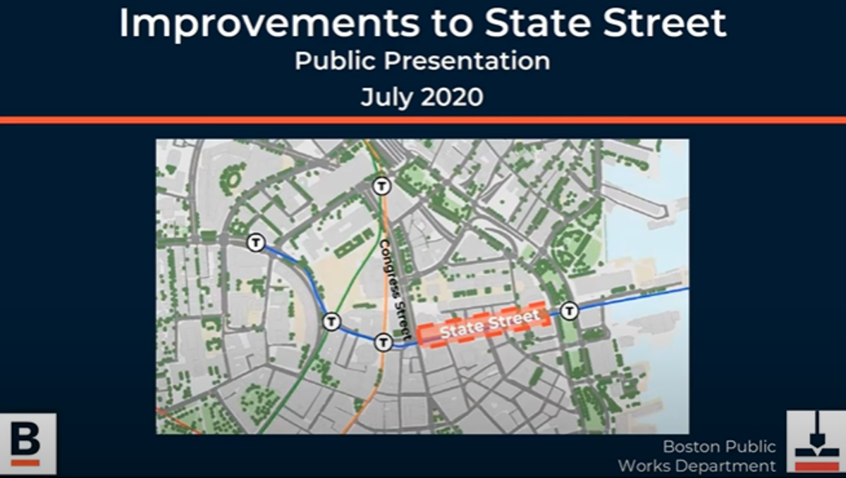 A screencapture of the title slide in the presentation, showing a map of State Street in context to downtown Boston. It is dated July 2020.