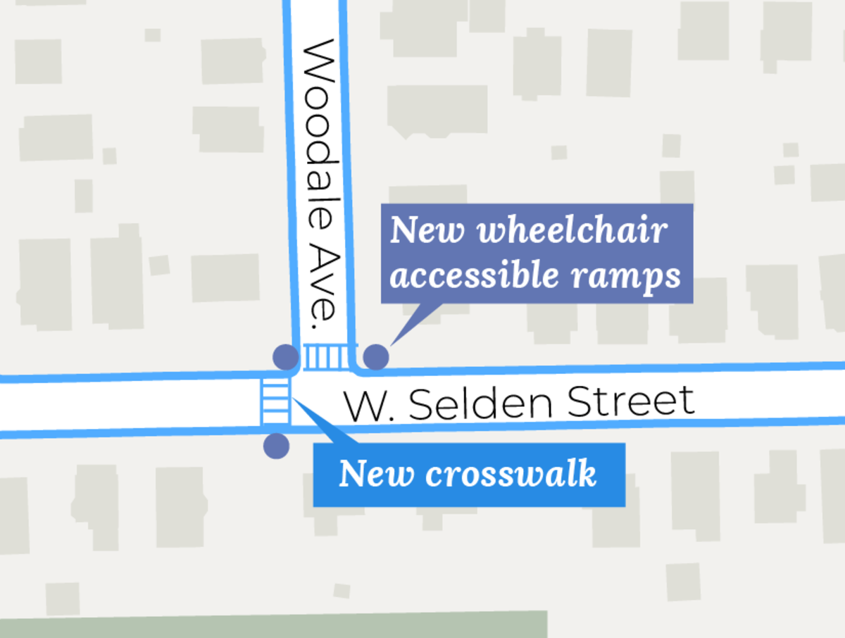 New crosswalk and new wheelchair accessible ramp at Woodale Ave and West Selden Street intersection
