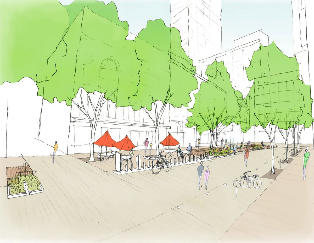 A sketched rendering showing a potential direction for Canal Street: more pedestrian space, seating, street trees, and bike racks.
