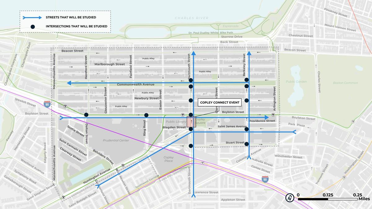 a map of intersections being studied for Copley Connect project