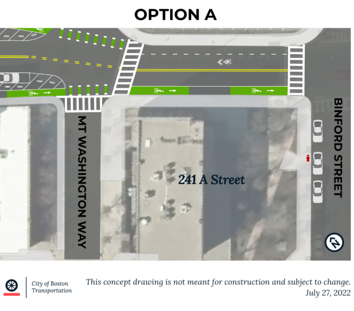 An overhead view of A Street between Mt. Washington Way and Binford Street. This option shows a continuous bike lane in front of 241 A Street.