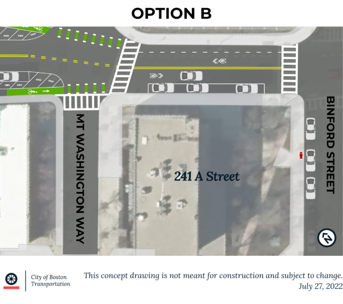 An overhead view of A Street between Mt. Washington Way and Binford Street. This option shows the existing condition with parking in front of 241 A Street.