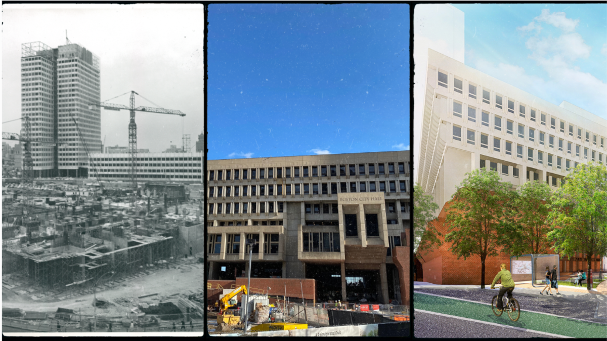 A three-paneled image showing City Hall Plaza in the past, in its current state, and in the future.