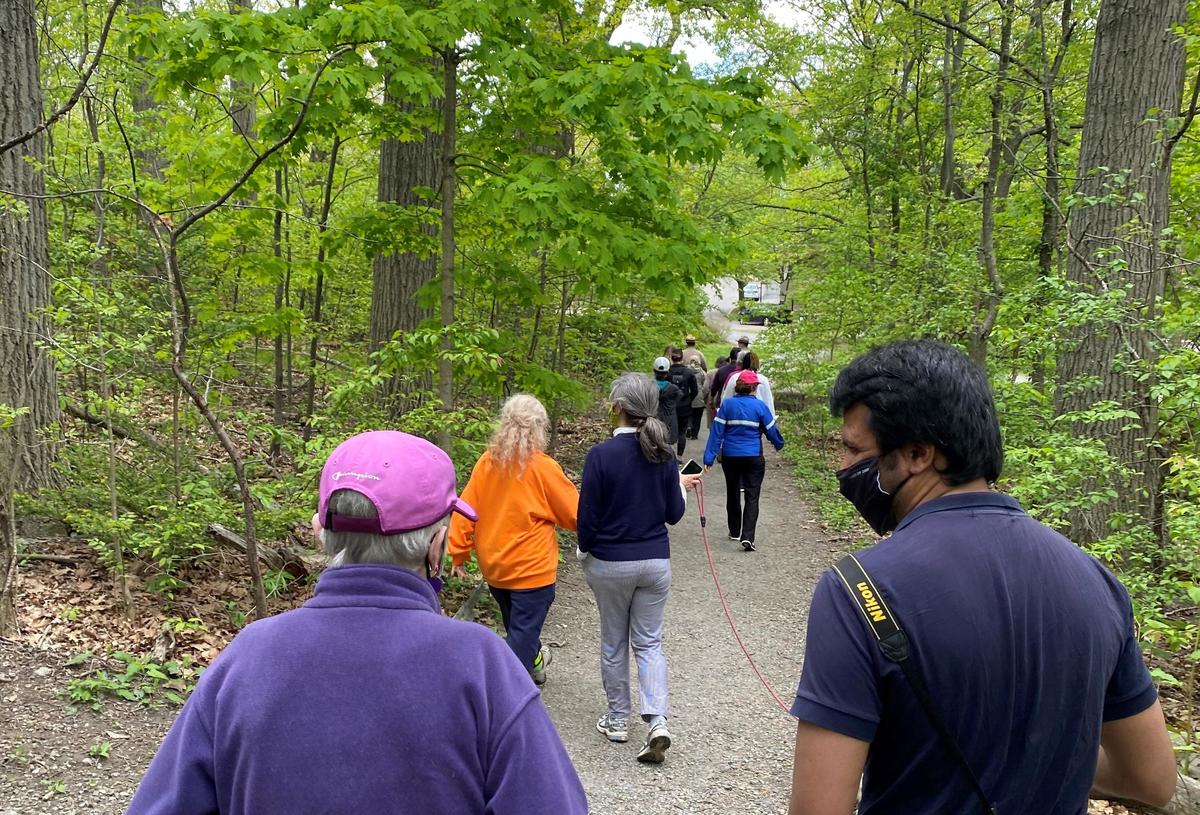 Group of people hiking in the park.