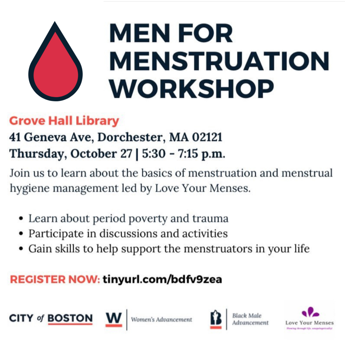 Graphic with text: Men for Menstruation Workshop