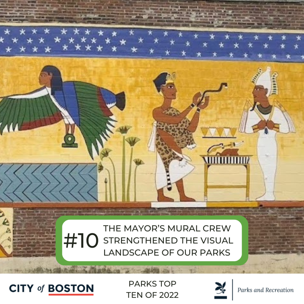 Parks top ten of 2022. King Tut mural on brick wall.