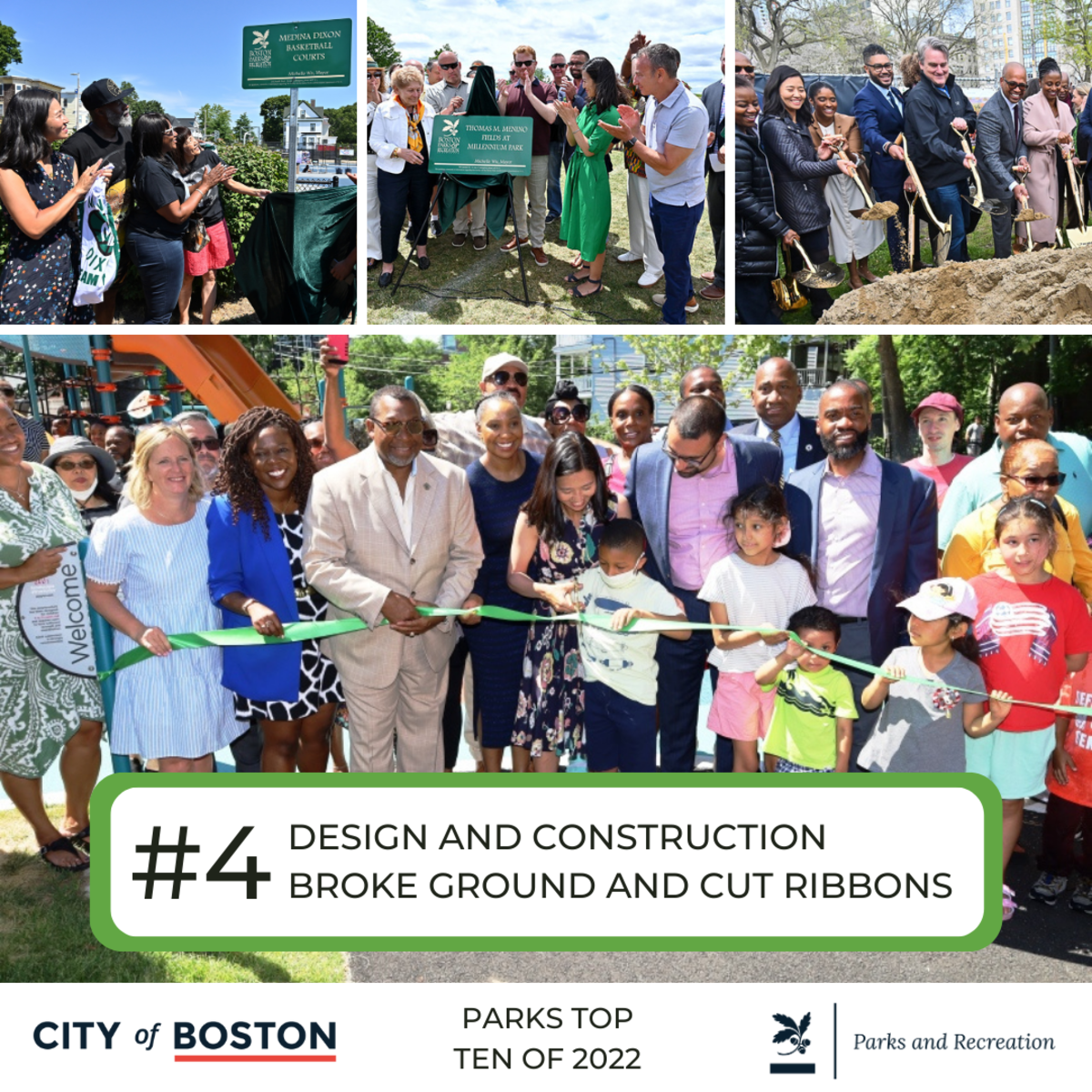 Parks Top Ten of 2022 #4 Design and construction broke ground and cut ribbons. Grid. groups of people at sign unveilings, digging ground to break earth and cutting ribbon at park openings.